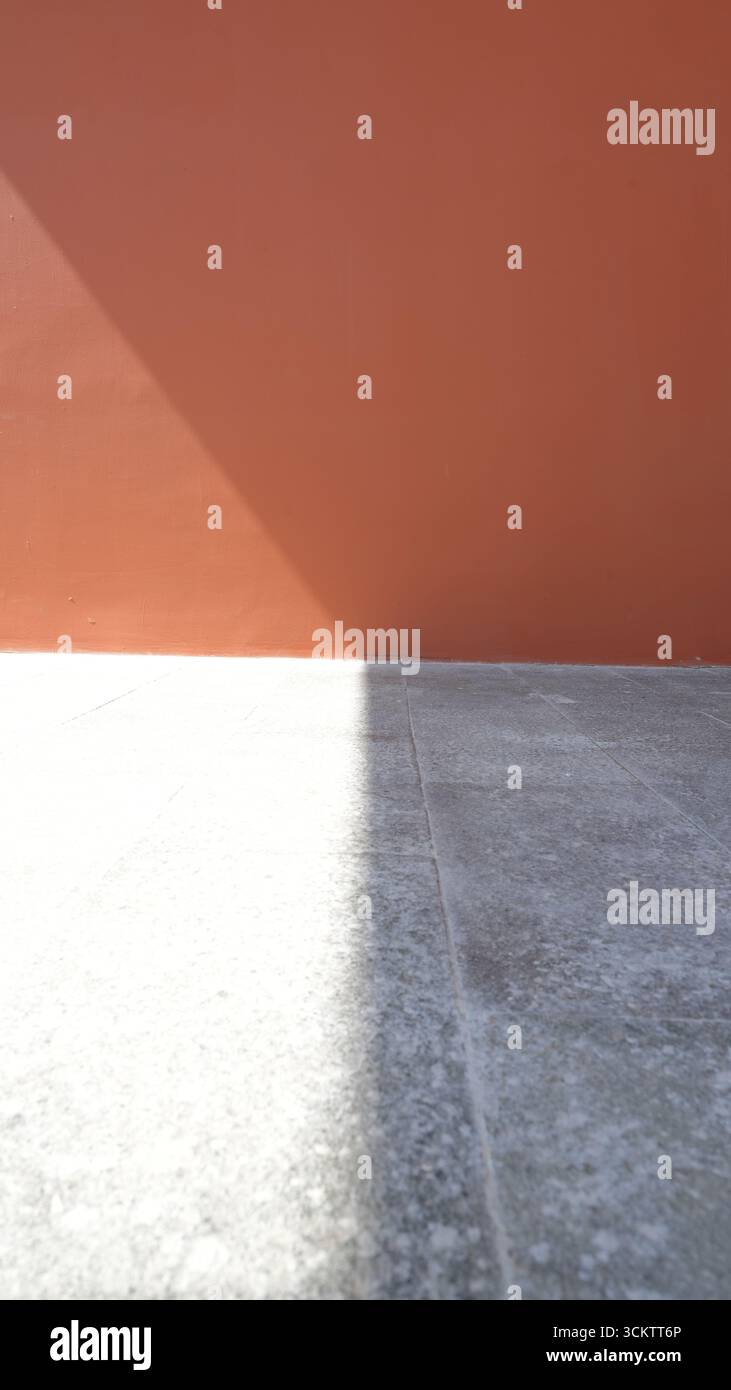 Ombre portée organique, diagonale sur un mur orange et texture de tuile grise, effet de superposition pour la photo. Effet de texture léger. Banque D'Images