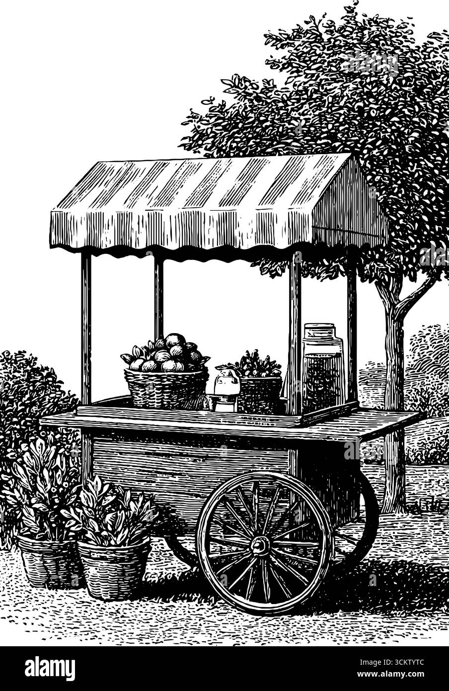 Chariot de jus frais dans un style de gravure vintage avec charme rustique et esthétique naturelle. Illustration de Vecteur