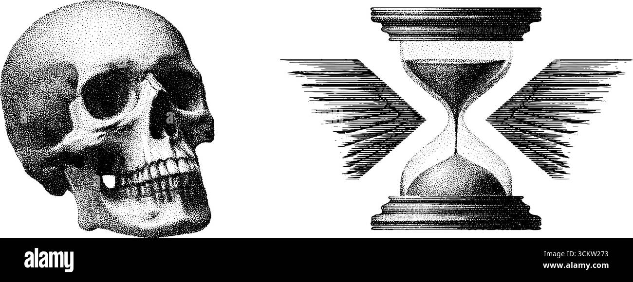 Conception complexe de tatouage de squelette et de sablier reflétant le temps et la mortalité. Illustration de Vecteur