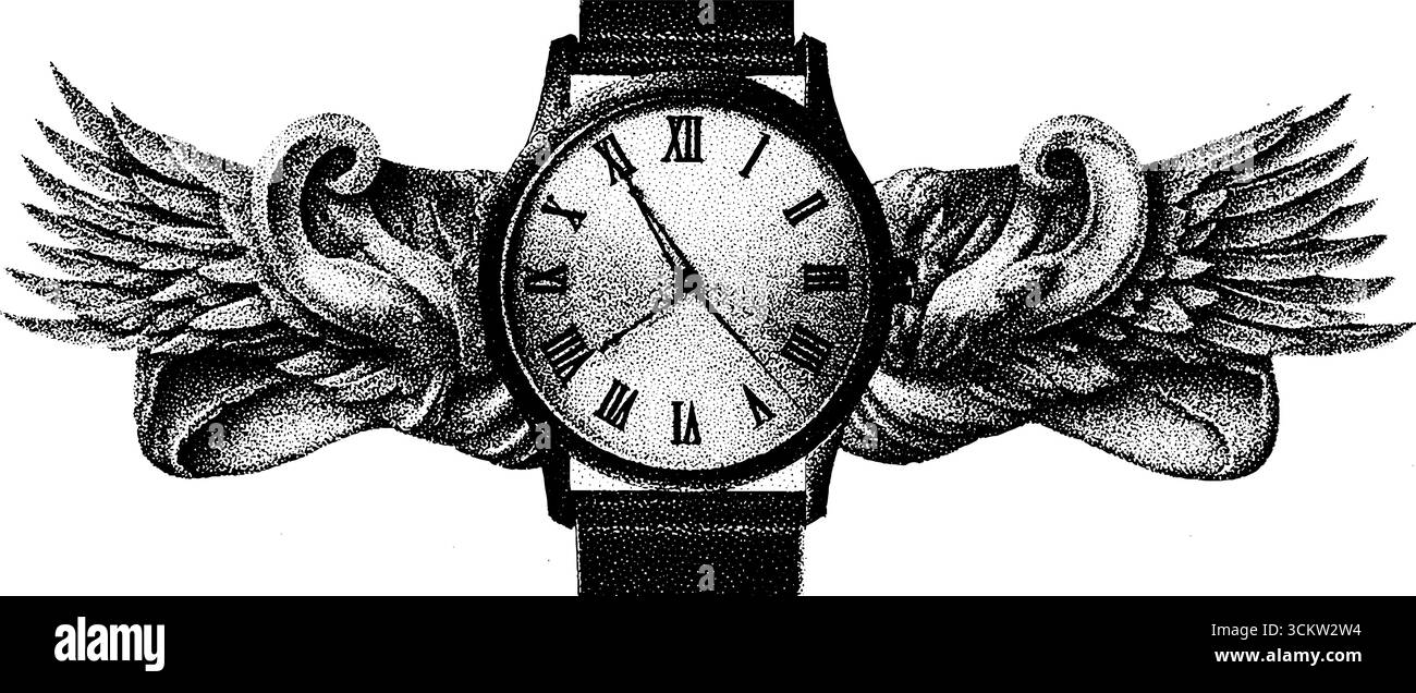 Montre de style tatouage Dotwork avec bracelet en cuir et conception d'ailes pour l'inspiration artistique. Illustration de Vecteur