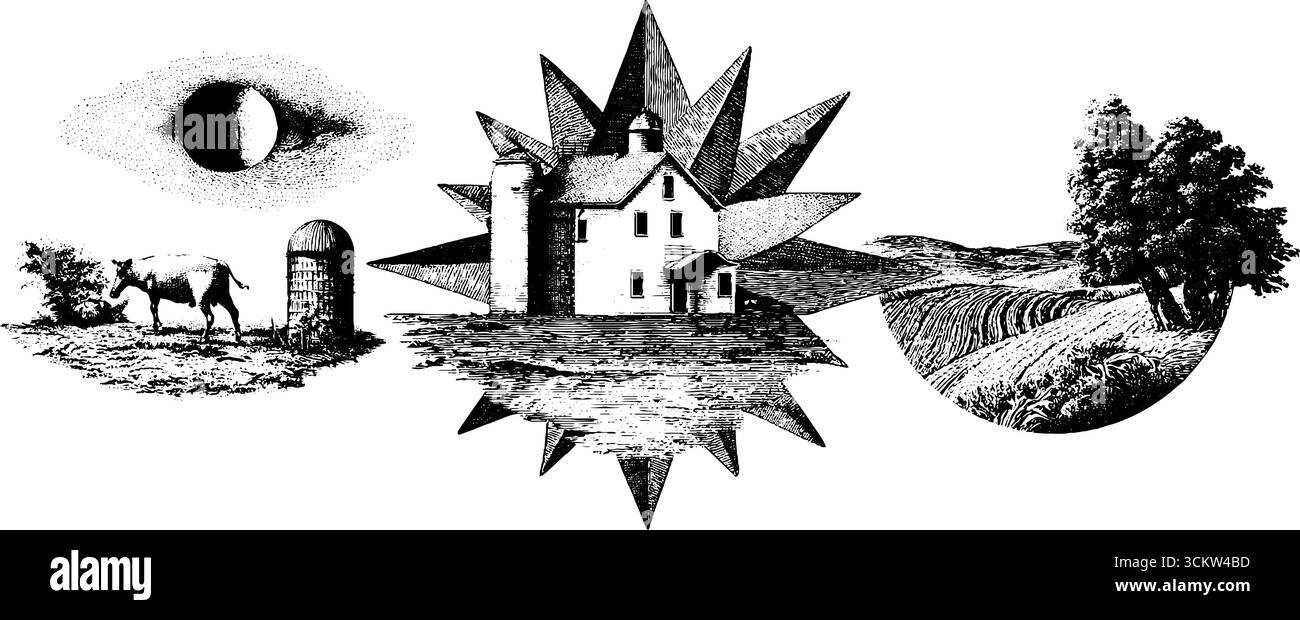 Ensemble d'art constructiviste avec des éléments géométriques et des images rurales pour le design et la décoration. Illustration de Vecteur