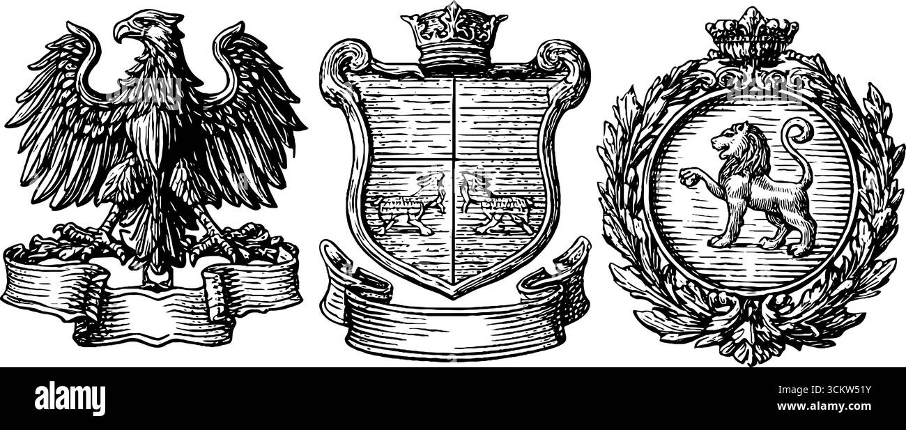 Collection ornée d'écusson médiéval avec aigle à double tête et symboles héraldiques pour le design. Illustration de Vecteur