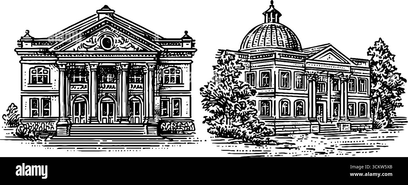 Façades architecturales classiques avec arcades cintrées et cages d'escalier latéraux pour les projets de conception. Illustration de Vecteur