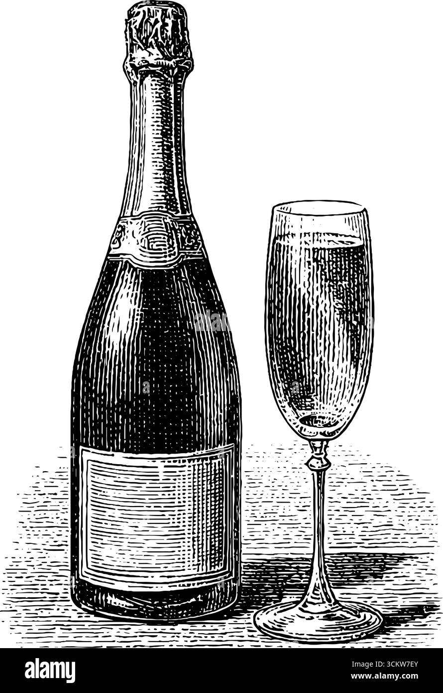 Élégante bouteille de champagne et flûte dans un style de gravure vintage pour un design de célébration classique. Illustration de Vecteur