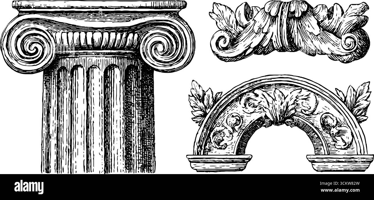 Éléments architecturaux grecs et romains classiques pour la conception historique. Illustration de Vecteur