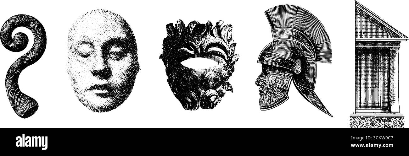 Motif Maori koru et conception de panneaux sculptés avec des masques culturels et des éléments grecs anciens. Illustration de Vecteur