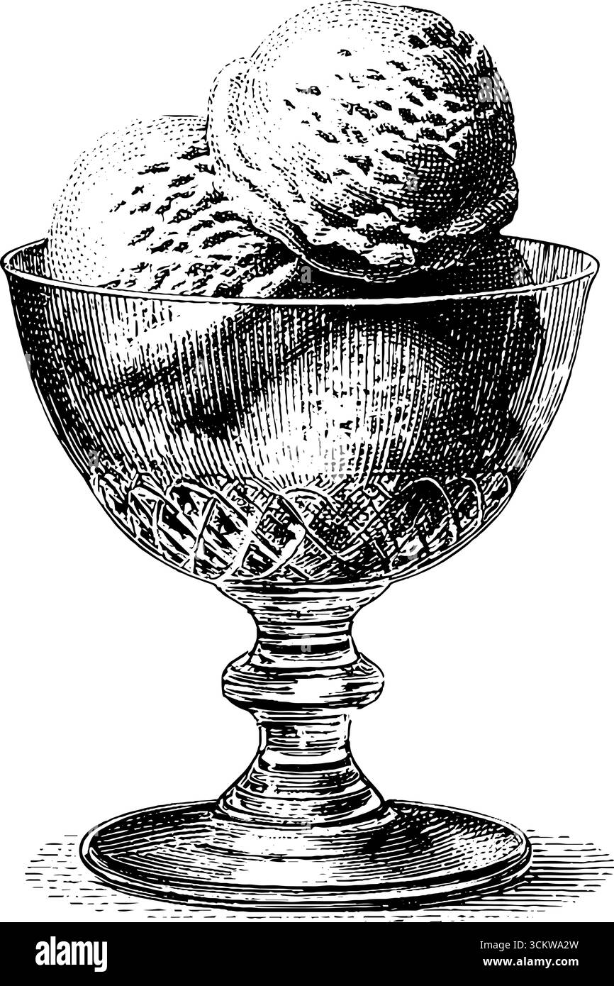 Gravure vintage de crème dans un bol décoratif en verre pour un design classique. Illustration de Vecteur