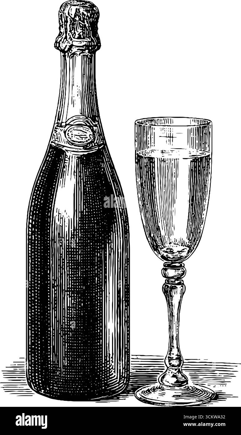 Fête de champagne vintage avec bouteille et conception de gravure de flûte. Illustration de Vecteur