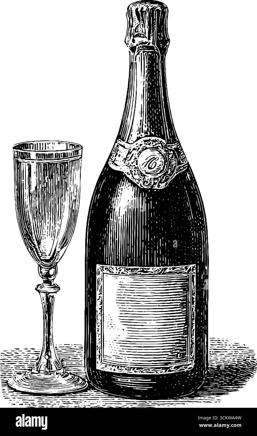 Gravure vintage de bouteille de champagne et flûte pour la célébration et la décoration. Illustration de Vecteur