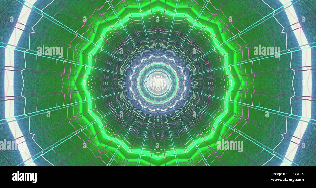 Le tunnel en spirale vibrant présente des motifs de néon lumineux en vert et bleu, créant un effet visuel fascinant. Les lignes distinctes convergent vers Banque D'Images