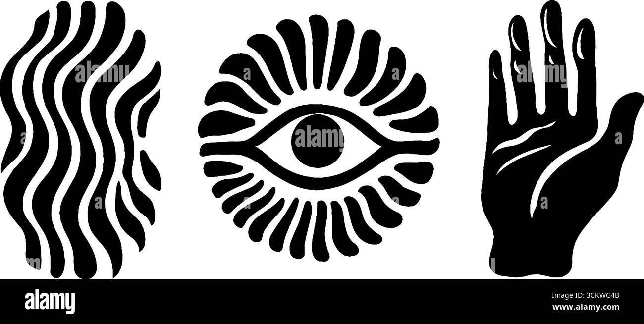 Symboles mystiques : troisième œil, halo d'ondulation et conception vectorielle de paume ouverte. Illustration de Vecteur