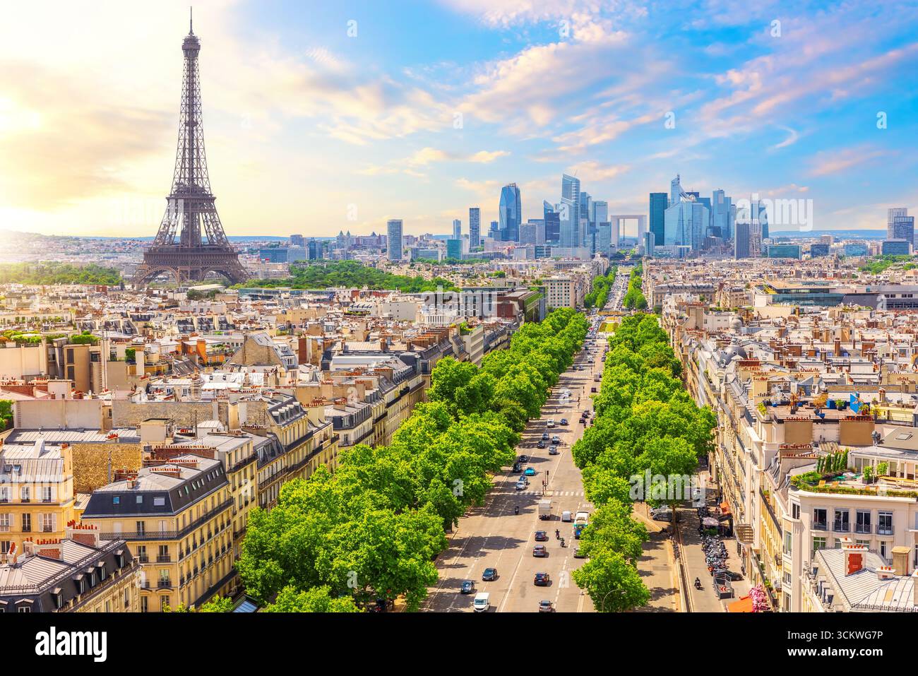 Superbe horizon de Paris, vue sur les toits, la Tour Eiffel et le quartier des affaires. Banque D'Images
