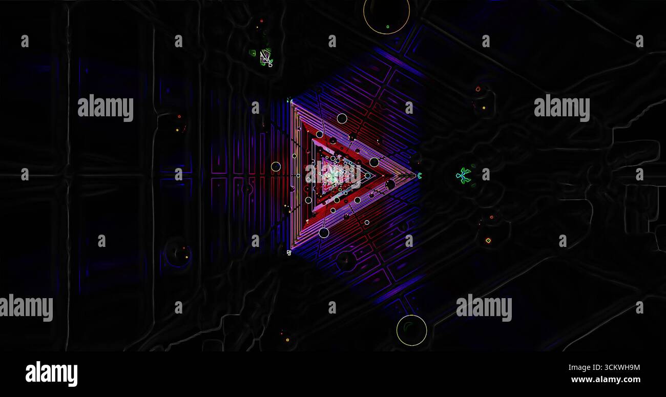 Un design géométrique vif présente des triangles complexes et des formes circulaires, illuminés de couleurs vives sur un fond sombre, mettant en valeur un harmon Banque D'Images