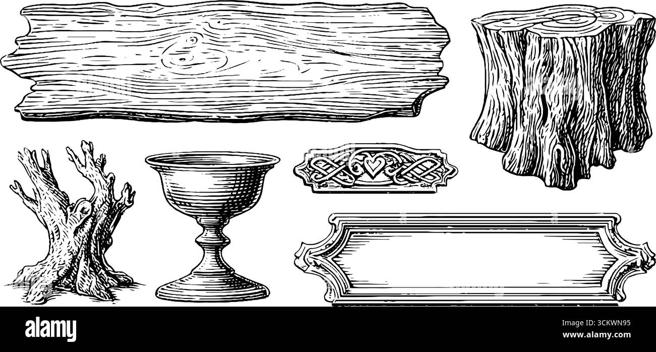 Gravures vintage de planches de bouclier rainurées et dessins d'arbres ornementaux pour des projets créatifs. Illustration de Vecteur