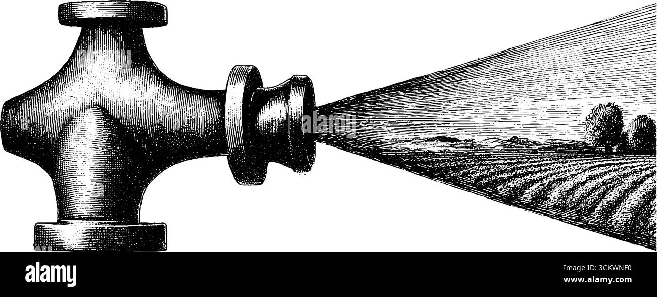 Gravure vintage de tête d'arrosage avec jet d'eau pour la conception agricole. Illustration de Vecteur