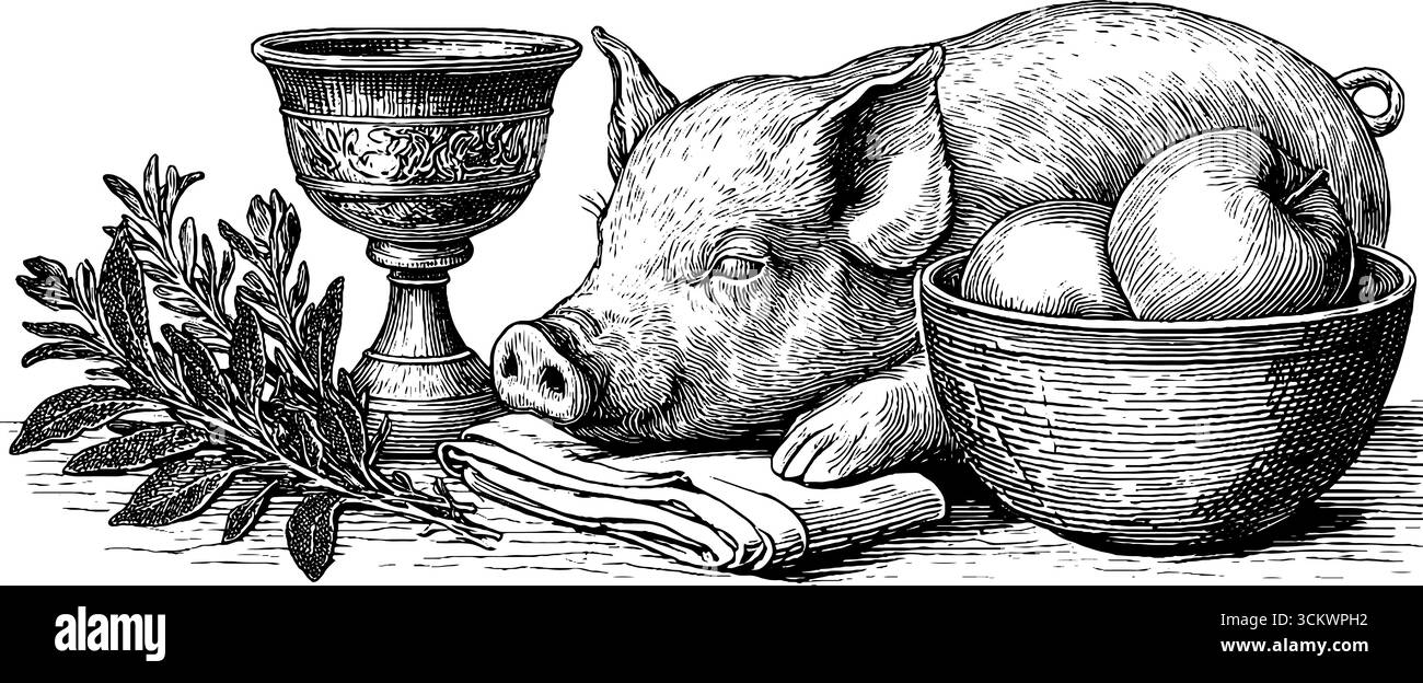 Scène de fête rustique avec porcelet rôti à la broche, gobelet en laiton et fruits pour la conception culinaire. Illustration de Vecteur