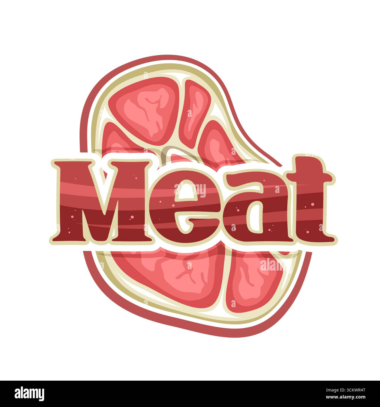 Logo vectoriel pour la viande crue, panneau de signe décoratif avec la tranche de dessin animé de viande crue de veau pour boucherie et lettrage de brosse unique pour le texte rouge moi Illustration de Vecteur