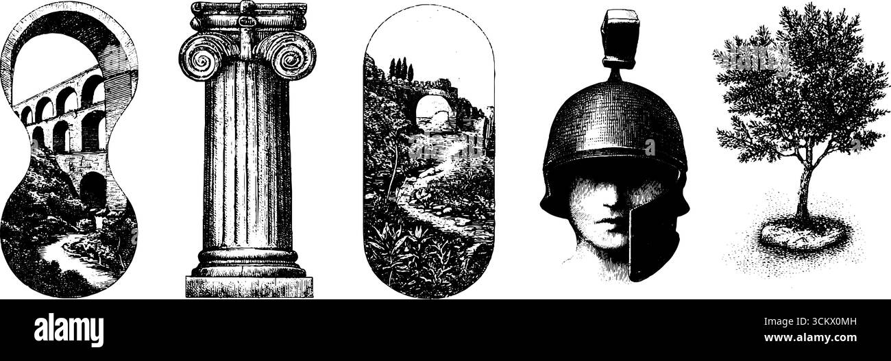 Architecture romaine antique et artefacts : aqueducs, colonnes, casques et nature. Illustration de Vecteur