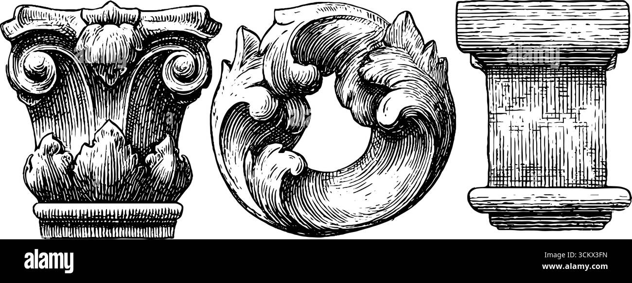 Éléments architecturaux complexes et motifs décoratifs vintage. Illustration de Vecteur