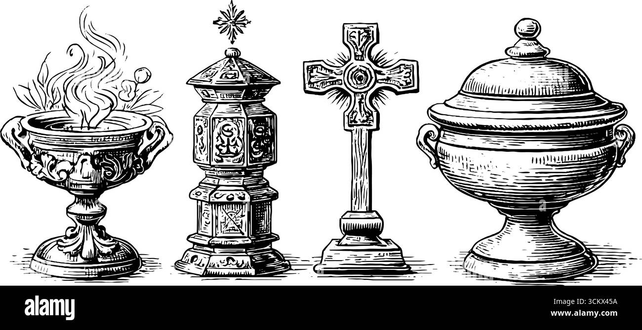 Collection d'encens baroques et d'artefacts de roue de prière jaïn pour cérémonie religieuse. Illustration de Vecteur