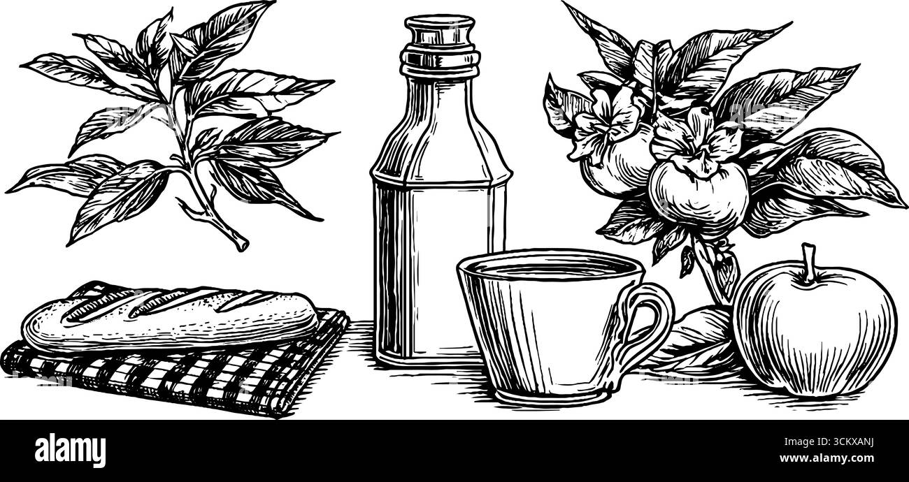 Scène de pique-nique rustique avec baguette, flacon de limonade, tasse et éléments de fruits. Illustration de Vecteur