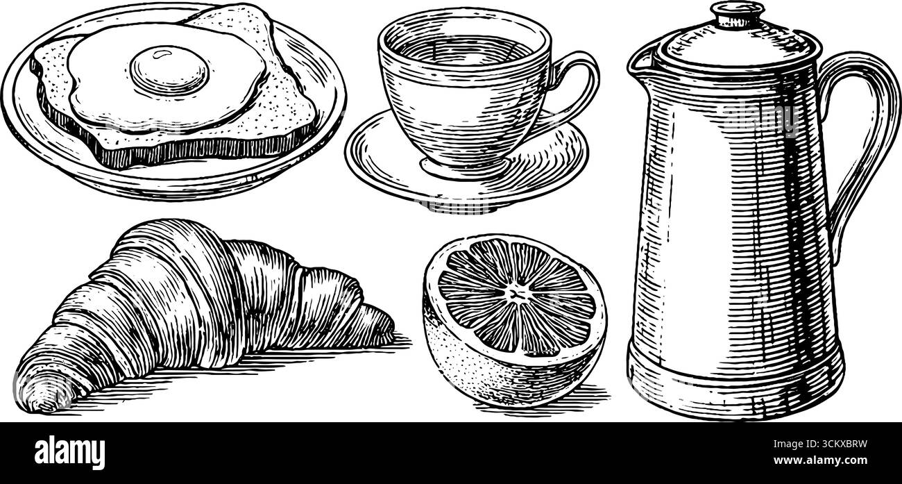 Les essentiels du petit déjeuner avec oeuf frit sur pain grillé, croissant, café et cafetière en cuivre. Illustration de Vecteur