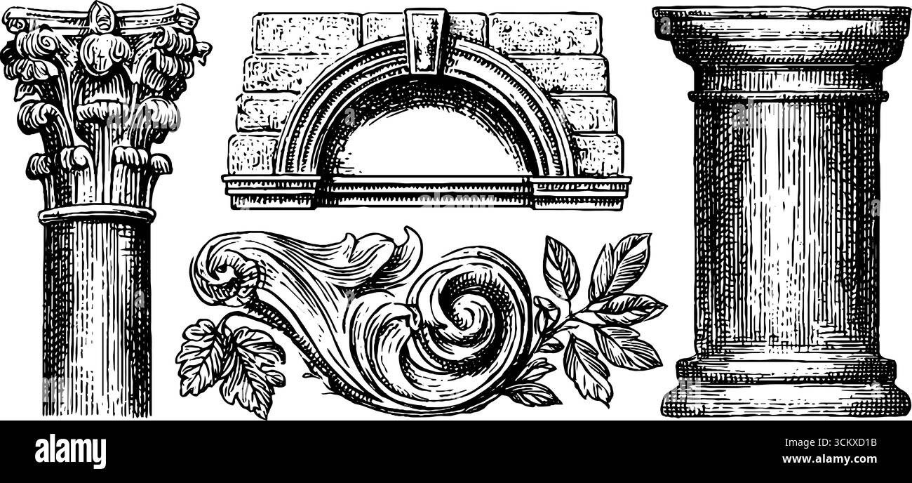 Ensemble d'éléments architecturaux : contrefort volant gothique et design oculus romain pour l'art et la décoration. Illustration de Vecteur