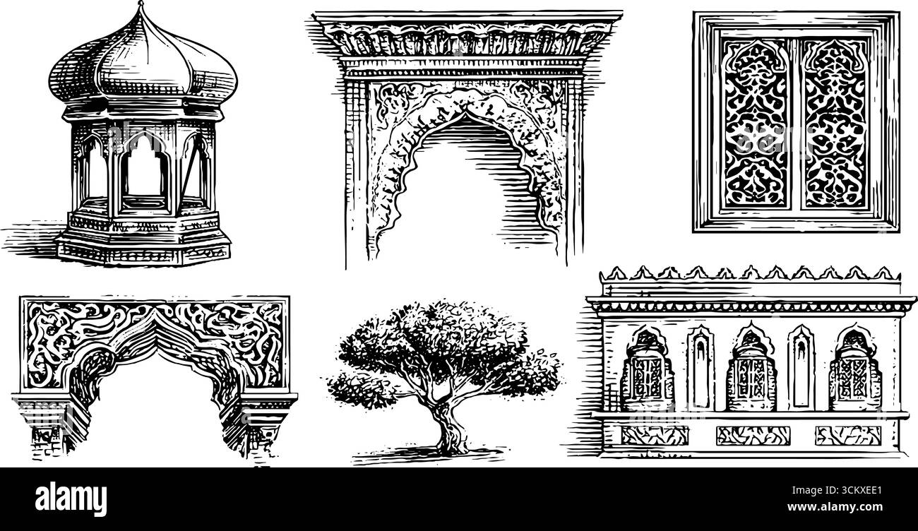 Panneaux calligraphiques islamiques et conceptions architecturales modernes pour l'art et la décoration. Illustration de Vecteur