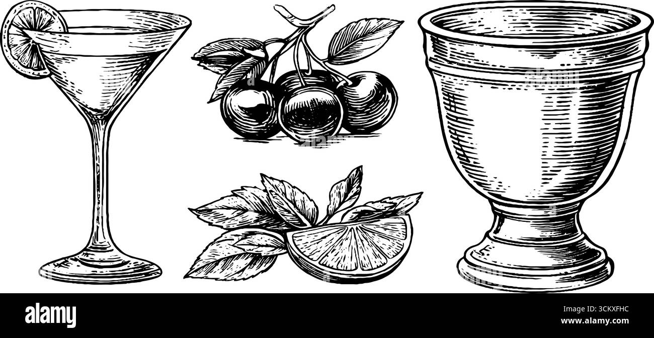 Verres classiques et agrumes garnis de cerises pour un design élégant. Illustration de Vecteur