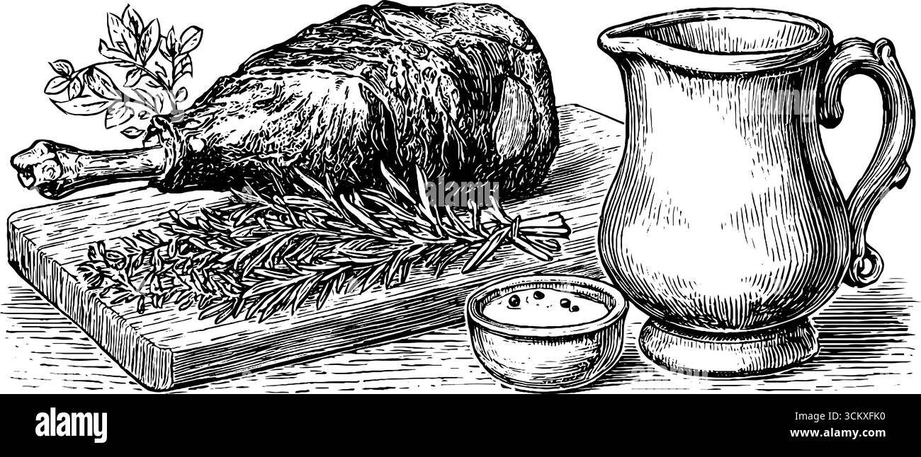 Festin médiéval avec gibier rôti, tasse en étain et herbes. Illustration de Vecteur