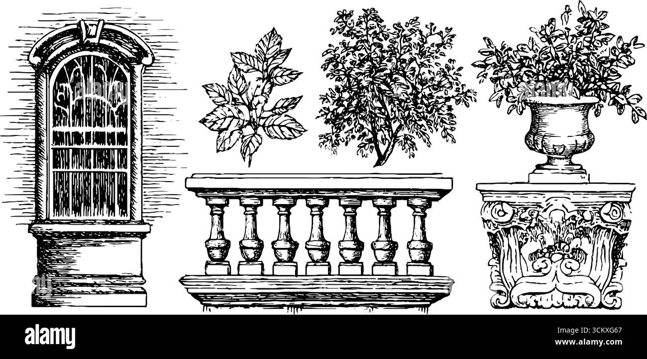 Fenêtres Art nouveau et colonnes égyptiennes avec balustrade décorative et éléments floraux. Illustration de Vecteur