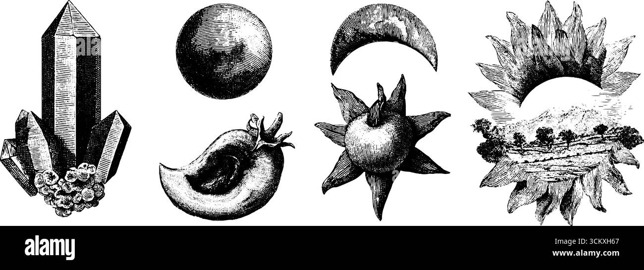 Dessins célestes et cristallins énigmatiques pour des thèmes mystiques. Illustration de Vecteur