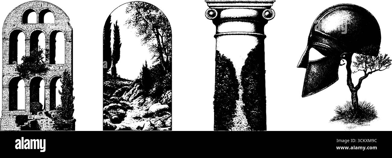 Architecture romaine antique et artefacts : aqueducs, colonnes et casques pour la conception historique. Illustration de Vecteur