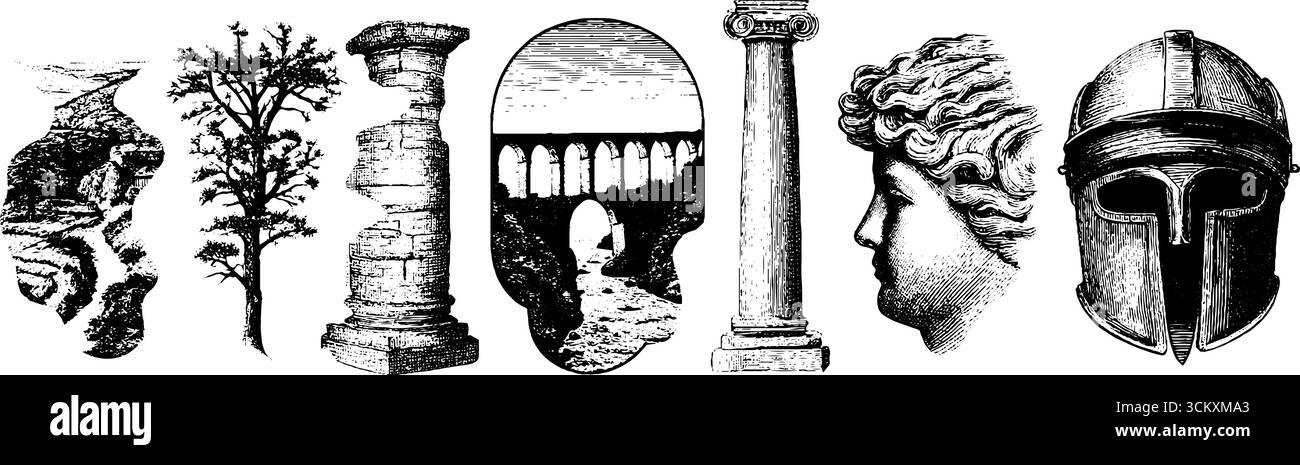 Architecture romaine antique et artefacts : aqueduc, colonnes et sculptures pour la conception historique. Illustration de Vecteur