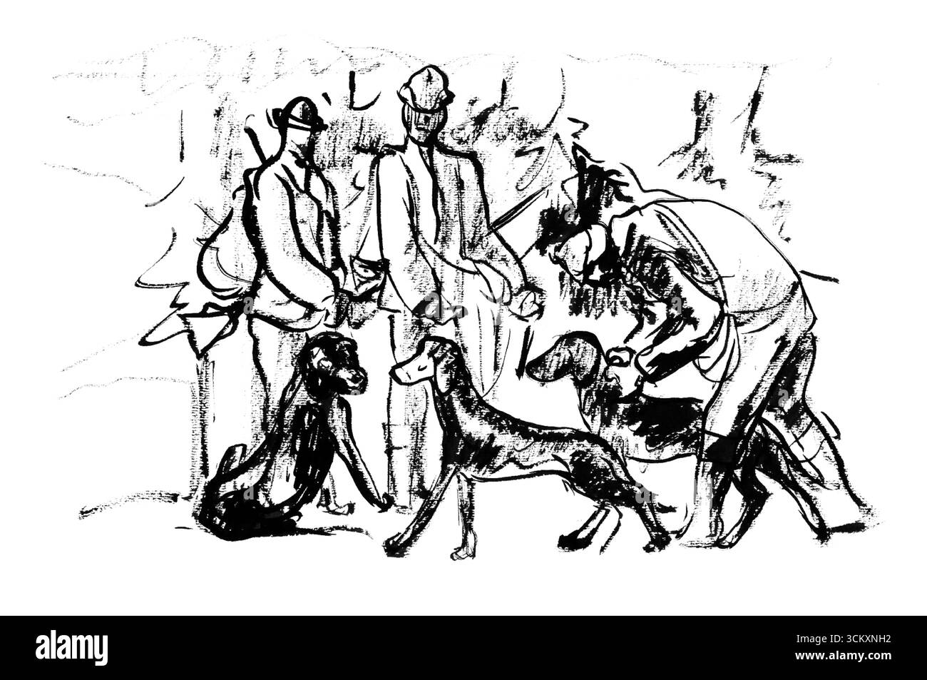 Chasseurs avec chiens par Arnold Peter Weisz Kubincan - scène de chasse rurale expressionniste slovaque, œuvre du début du XXe siècle Banque D'Images