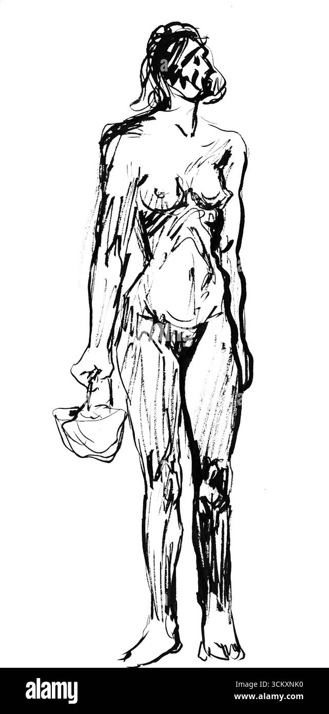 Sketchbook 22 : femme debout avec un panier par Arnold Peter Weisz Kubincan, étude de figure du début du XXe siècle, œuvre d'art du domaine public à haute résolution Banque D'Images