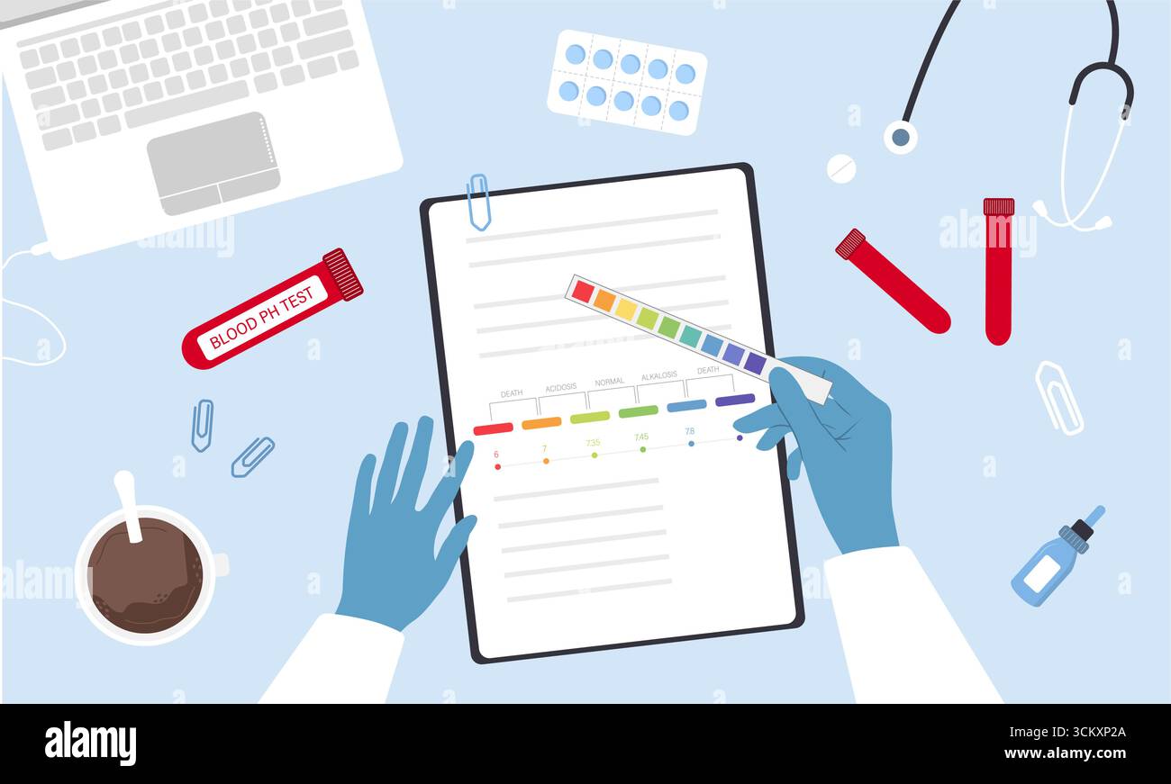 Test de pH sanguin. Vue de dessus Doctor Workplace avec tubes à essai, pilules et stéthoscope. Bilan médical. Illustration vectorielle dans le style de dessin animé plat Illustration de Vecteur