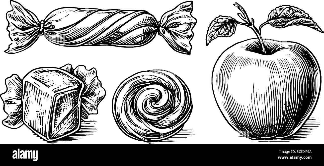 Collection de bonbons et de fruits vintage : bâton de bonbons, caramel enveloppé et illustration de pomme. Illustration de Vecteur