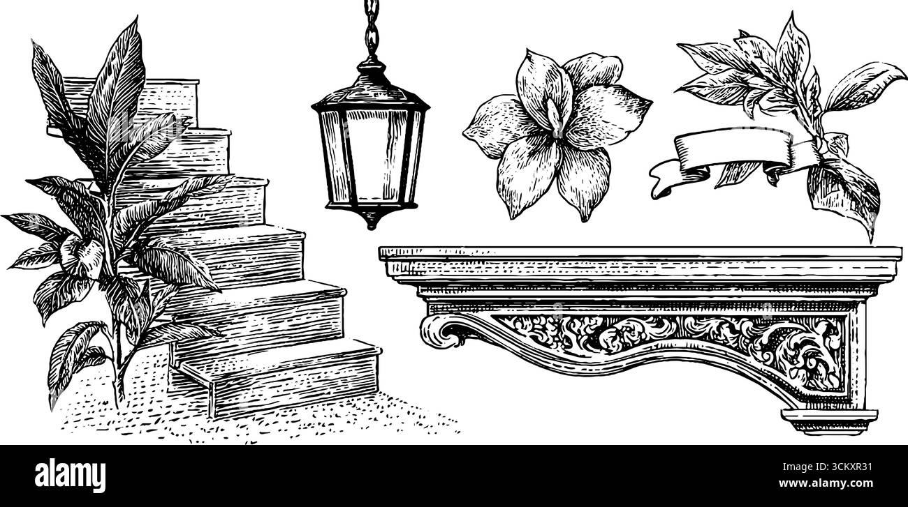 Éléments architecturaux vintage : marche d'escalier de chalet suisse et décor de palais italien pour un design classique. Illustration de Vecteur