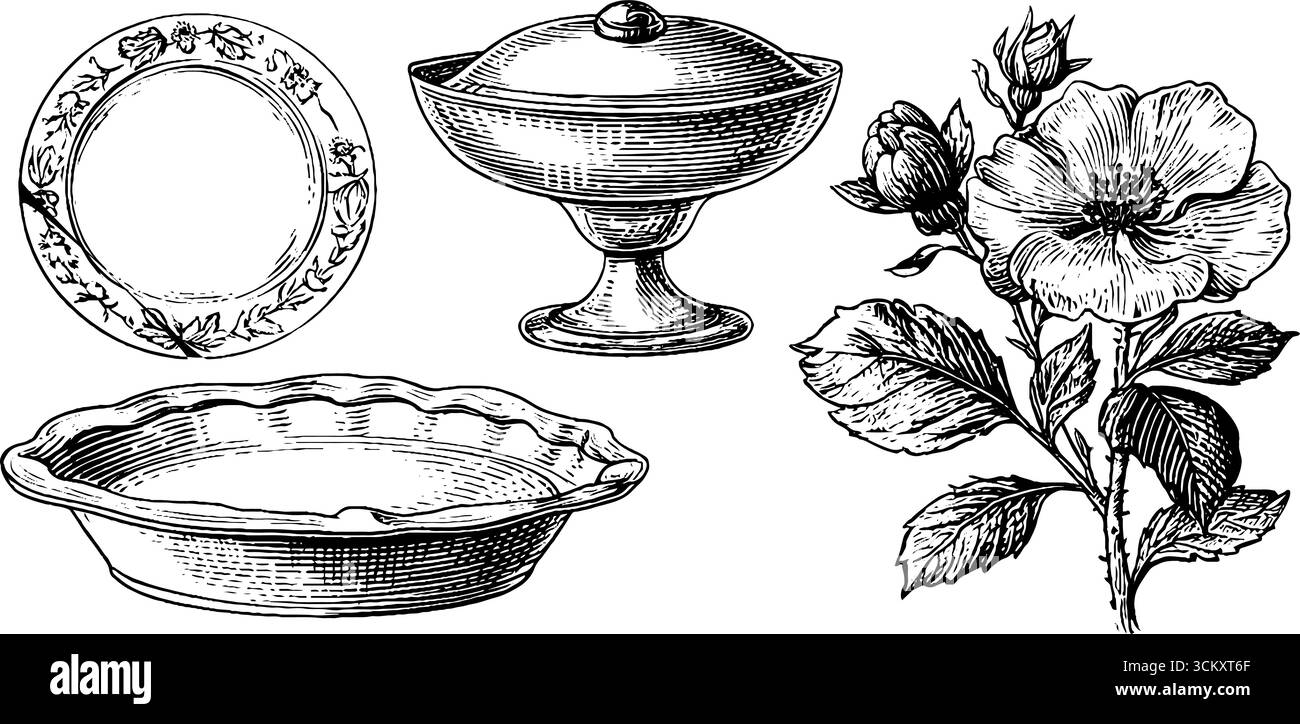 Plat de compote en verre vintage et moule de gelée de cuivre avec décoration florale pour la décoration de la cuisine. Illustration de Vecteur