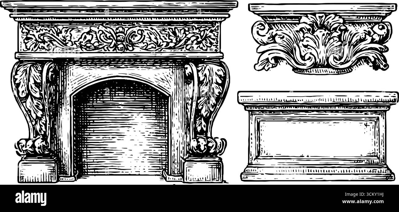 Manteau de cheminée néo-gothique orné d'éléments décoratifs français. Illustration de Vecteur