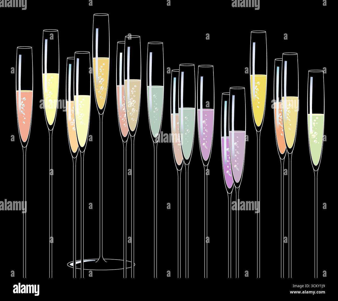 Vin mousseux et champagne bouillonnant dans de minces flûtes en cristal stemware sont vus sur un fond noir .. Il s'agit d'une illustration 3D. Banque D'Images
