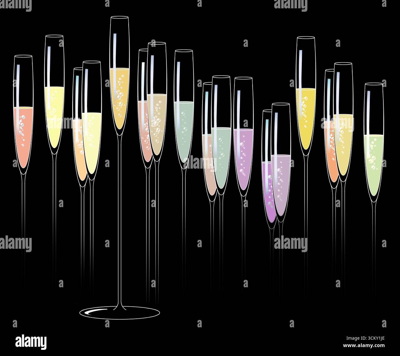 Vin mousseux et champagne bouillonnant dans de minces flûtes en cristal stemware sont vus sur un fond noir .. Il s'agit d'une illustration 3D. Banque D'Images