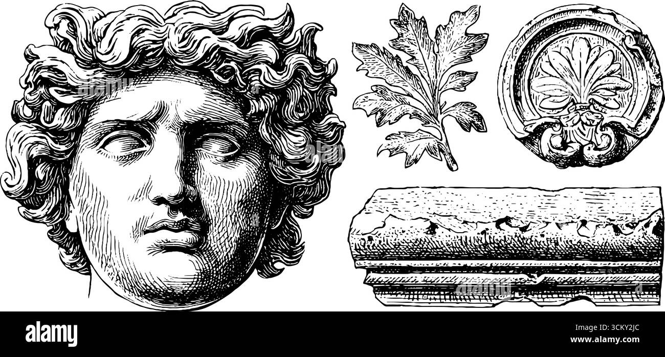 Sculpture romaine antique et éléments d'architecture avec tête de méduse et détails décoratifs. Illustration de Vecteur