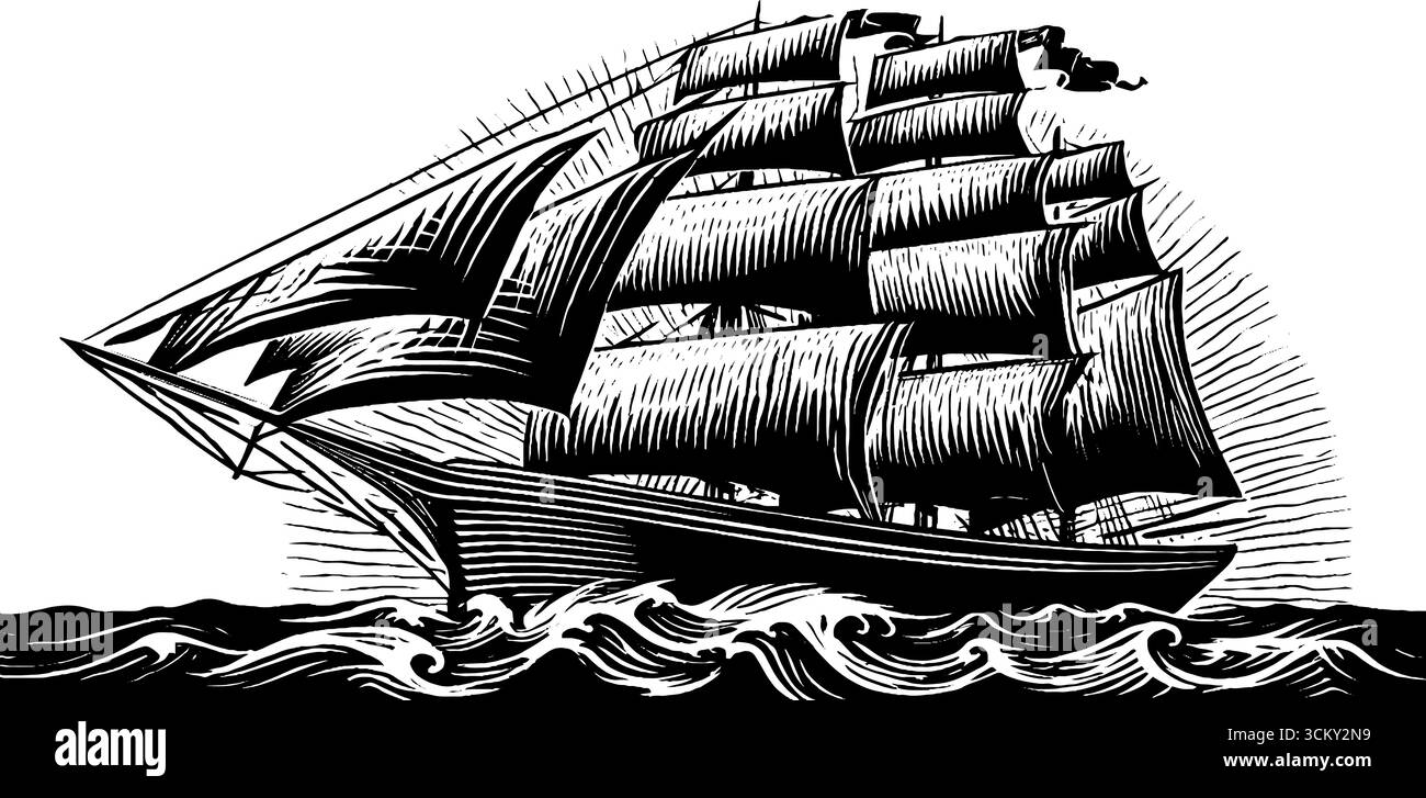 Voilier classique avec des voiles pleines en design d'art à l'encre noire et blanche. Illustration de Vecteur