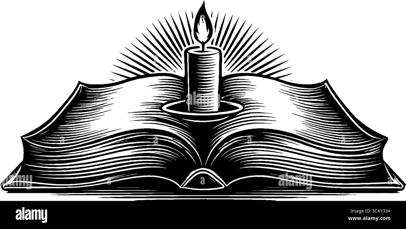 Grimoire mystique avec bougie sur support de livre pour des thèmes occultes et magiques. Illustration de Vecteur