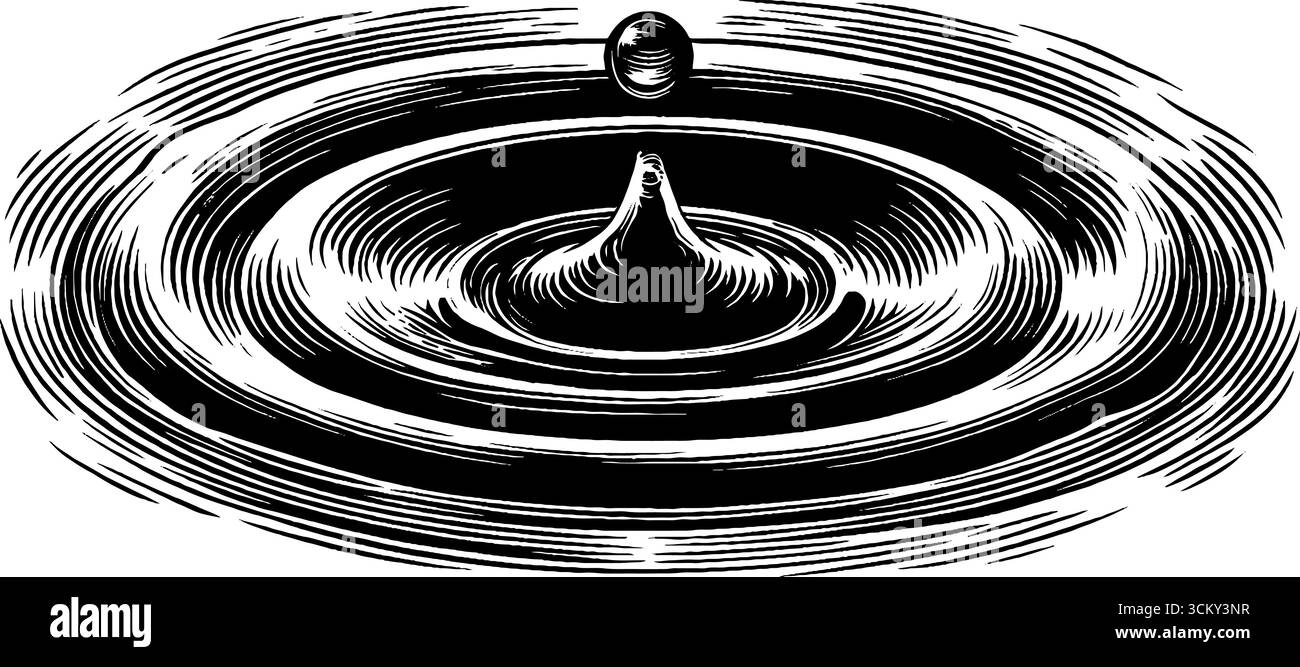 Des gouttes de pluie noires et blanches éclaboussent dans l'eau pour capturer le moment de l'impact. Illustration de Vecteur