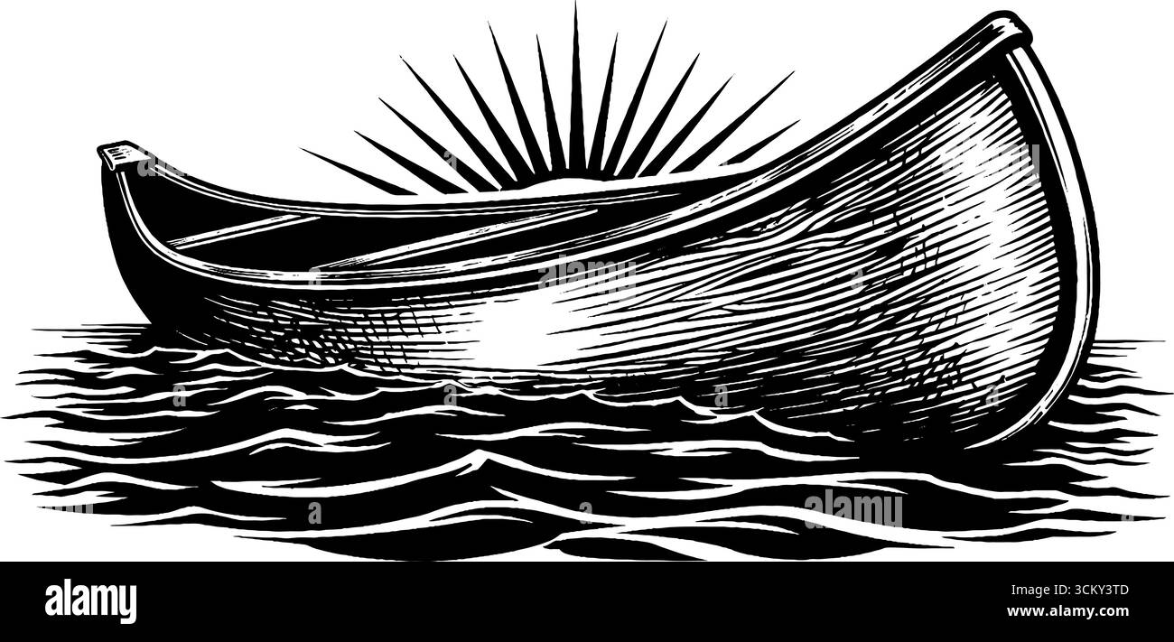 Balade tranquille en canoë sur l'eau calme avec design Sunburst. Illustration de Vecteur