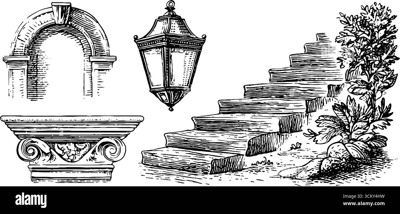 Eléments architecturaux : escalier de chalet suisse et palazzo italien avec lanterne et arche. Illustration de Vecteur