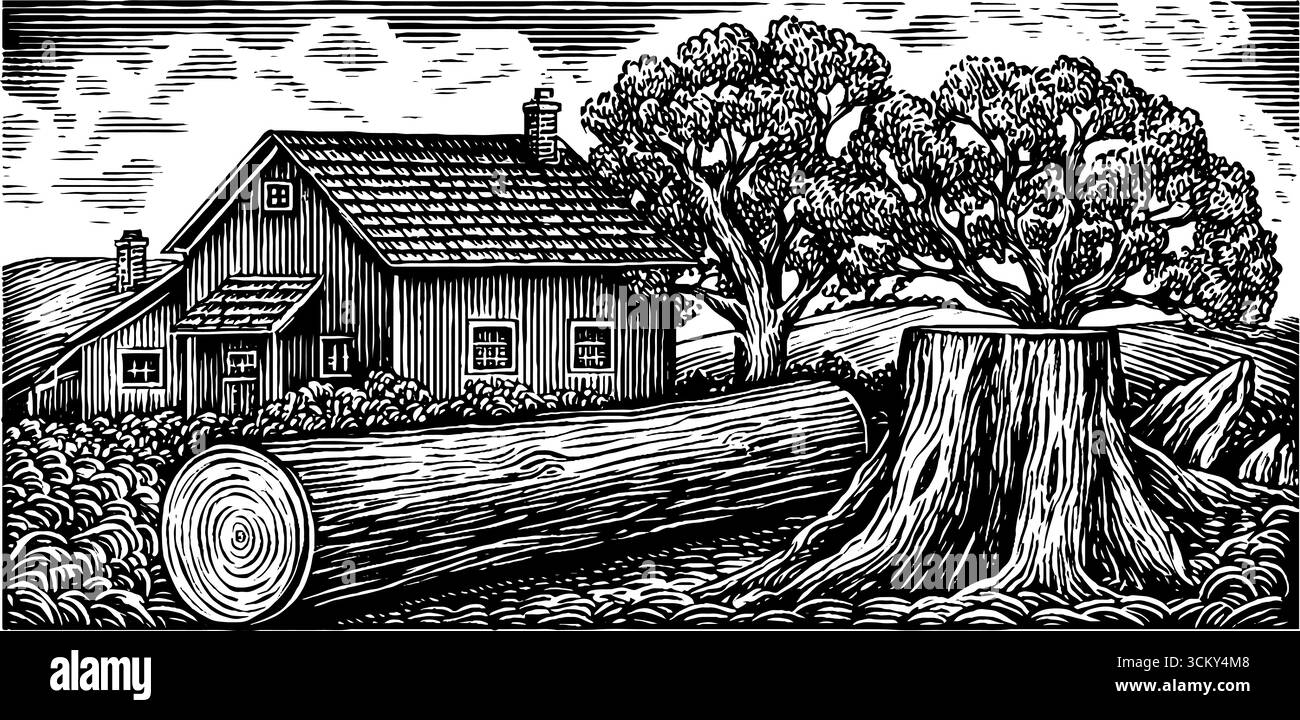 Scène rustique de ferme avec pile de bois et bloc de coupe pour la conception ou le projet d'impression. Illustration de Vecteur
